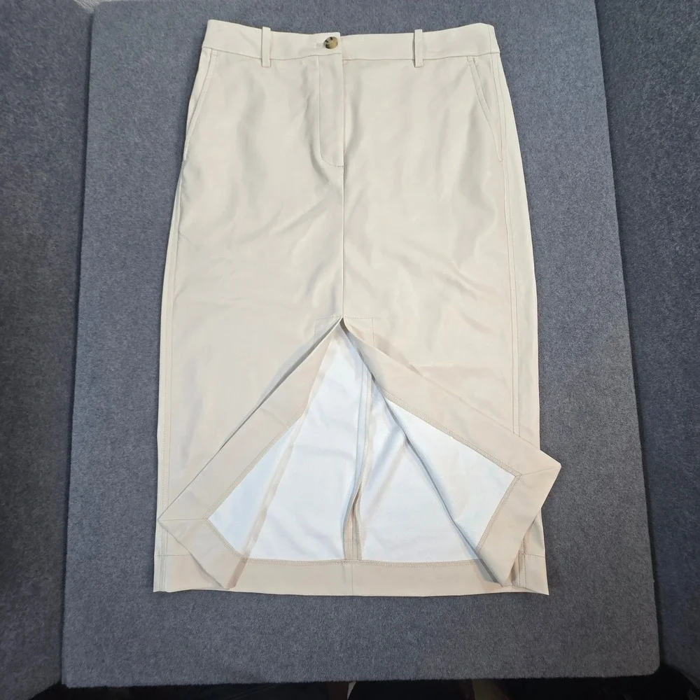 J. Crew Cream Faux Leather Midi Skirt Front Slit High Waist Ivory Size 8 Office